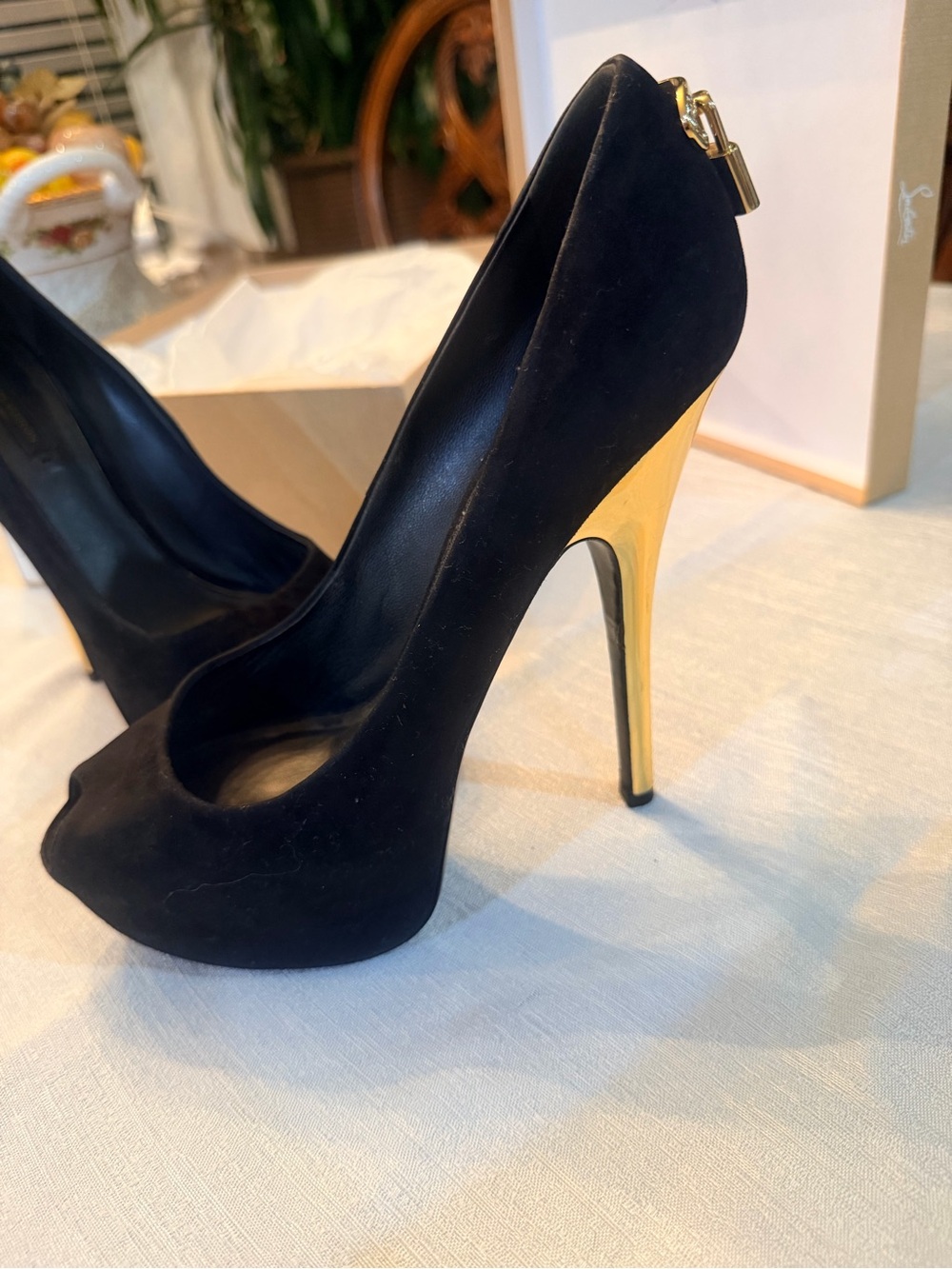 Louis Vuitton Black Suede Peep-Toe Pumps with Gold Stiletto Heel